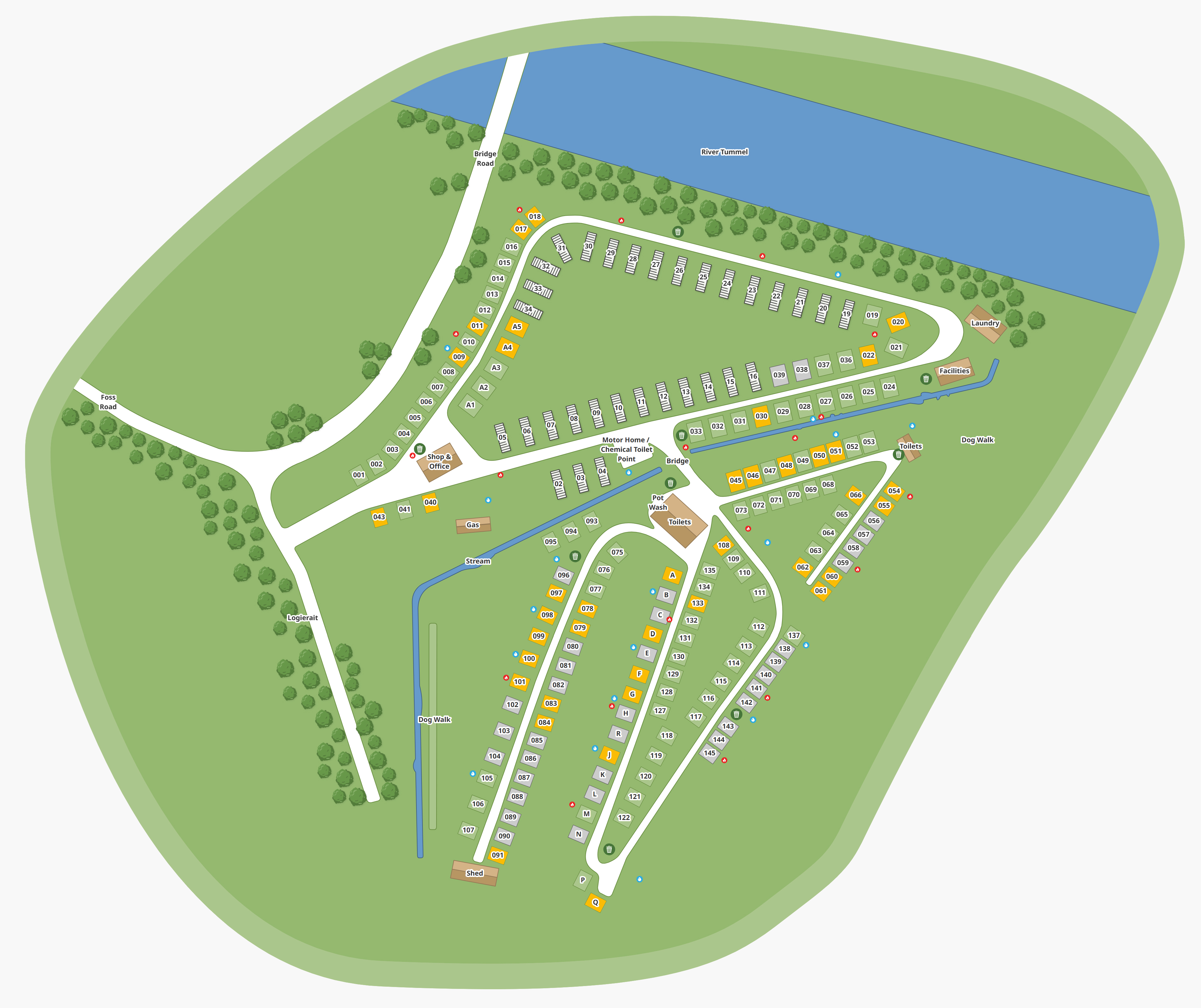 layout of  Fonab Caravan Park showing the locations of motor home and campervan pitches, static holiday homes and facilites
