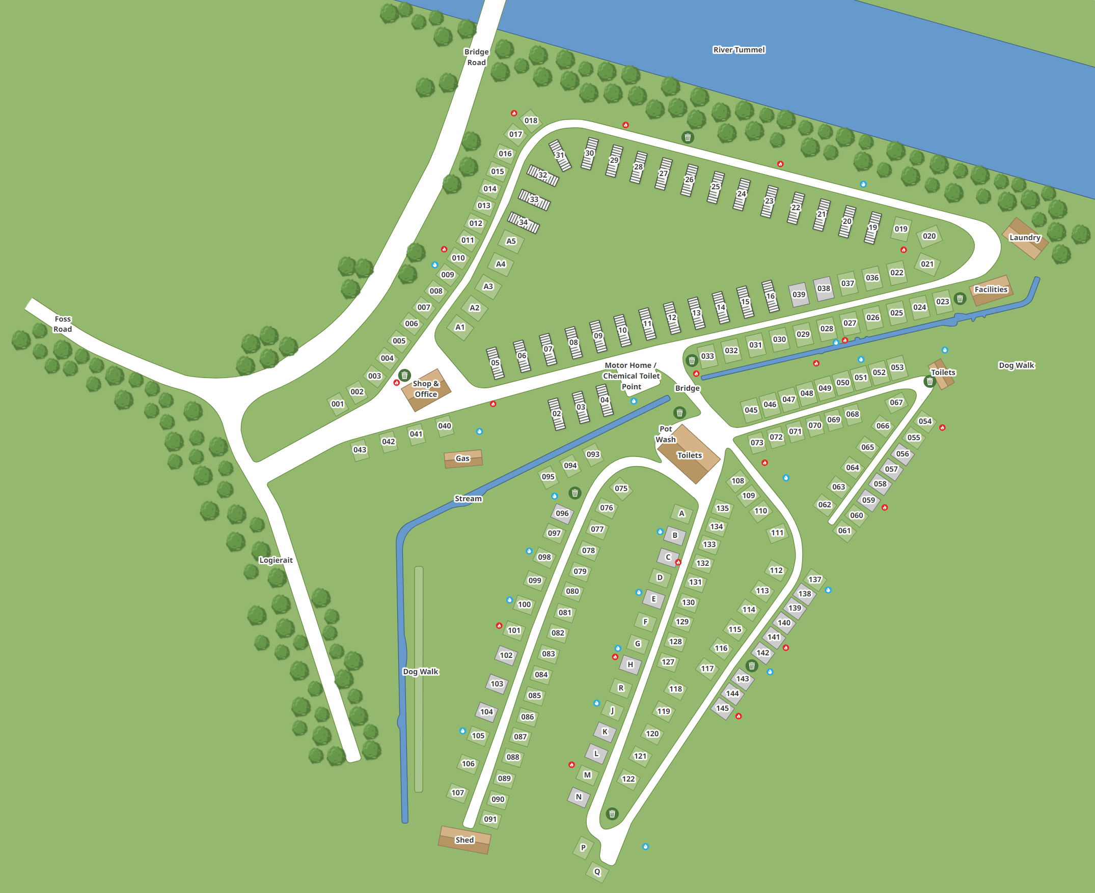 layout of  Fonab Caravan Park showing the locations of motor home and campervan pitches, static holiday homes and facilites