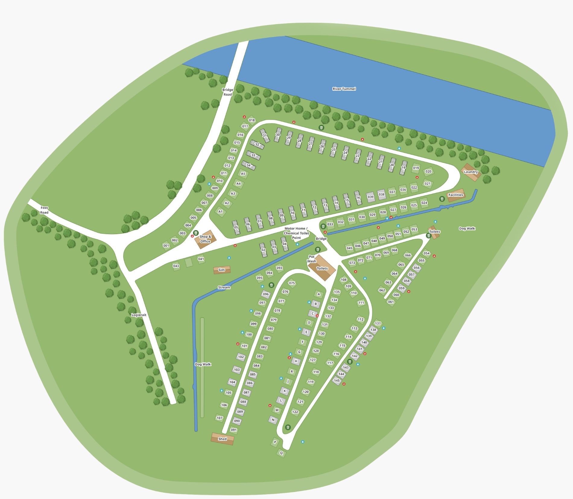 layout of  Fonab Caravan Park showing the locations of motor home and campervan pitches, static holiday homes and facilites